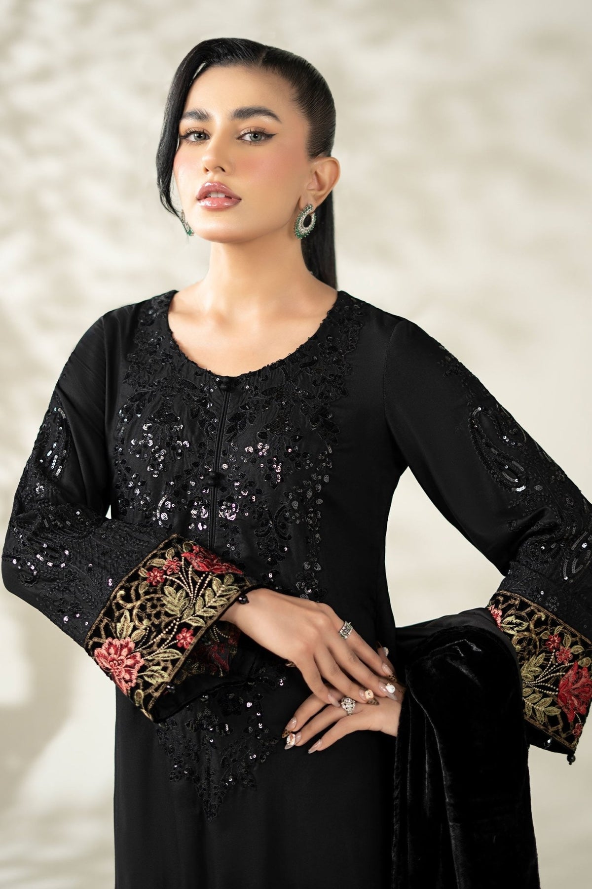 Maria B | RTW | 3 Piece Embroidered Linen Suit-Brand:Maria B-Type:Luxury Pret-Black - House of Maryam- Buy in UK, USA