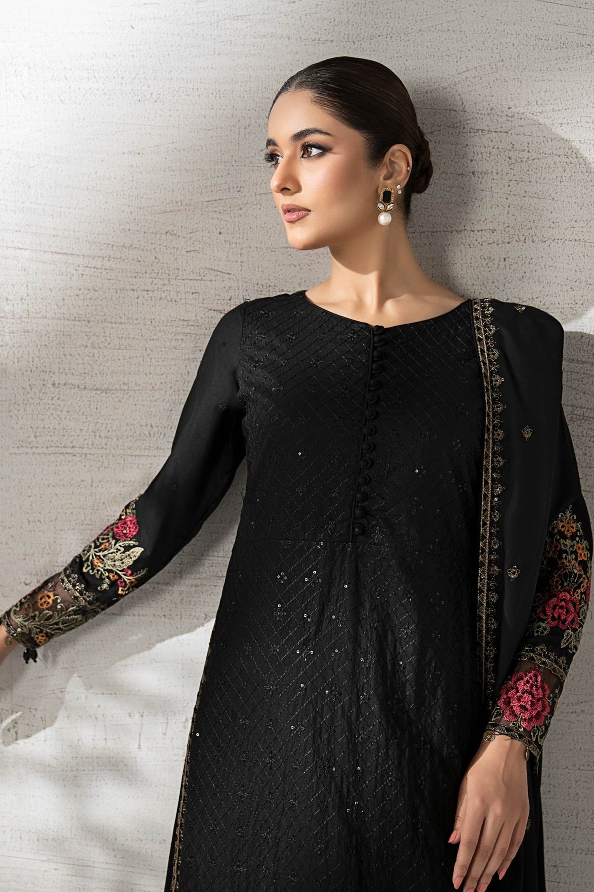 Maria B | RTW | 3 Piece Embroidered Linen Suit-Brand:Maria B-Type:Luxury Pret-Black - House of Maryam- Buy in UK, USA