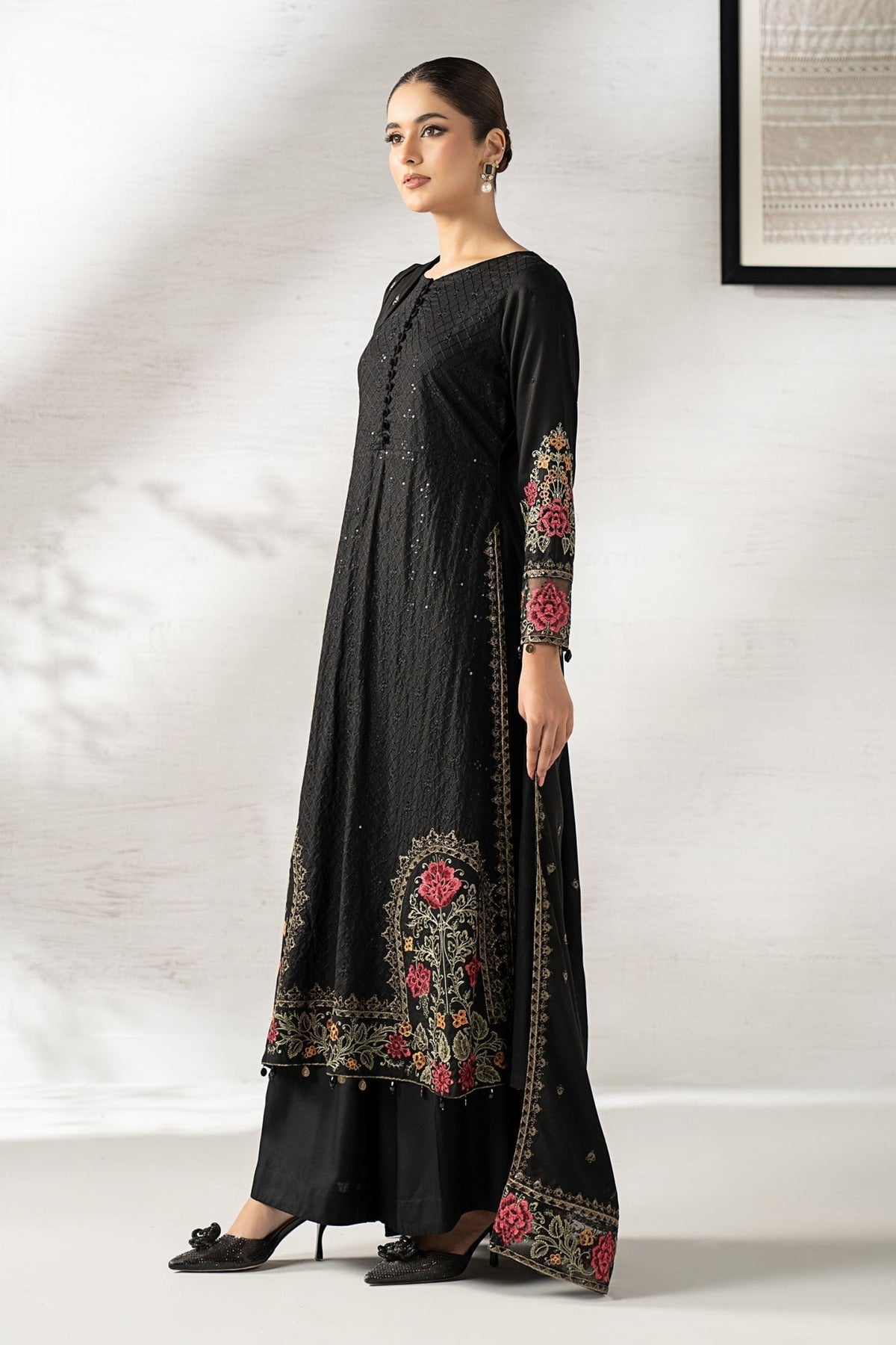 Maria B | RTW | 3 Piece Embroidered Linen Suit-Brand:Maria B-Type:Luxury Pret-Black - House of Maryam- Buy in UK, USA