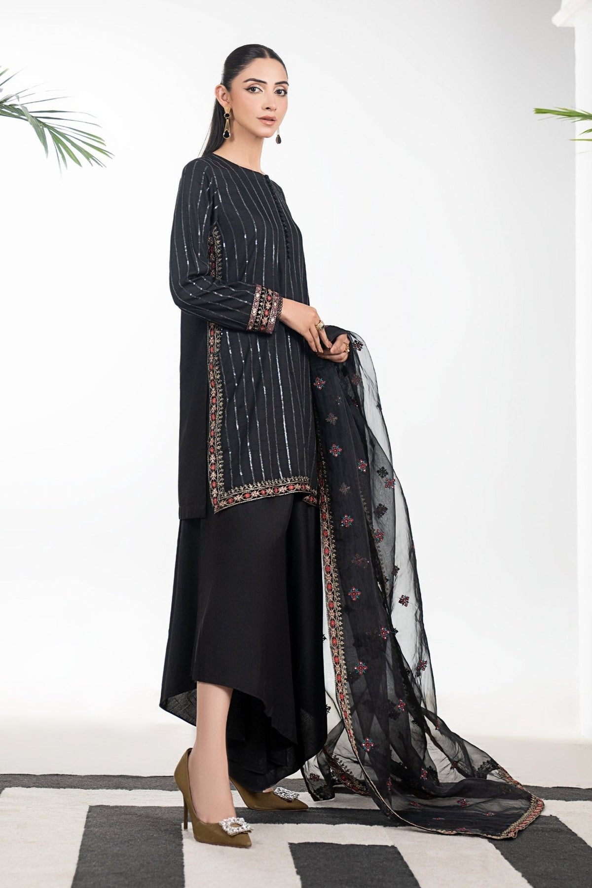 Maria B | RTW | 3 Piece Embroidered Linen Suit-Brand:Maria B-Type:Luxury Pret-Black - House of Maryam- Buy in UK, USA