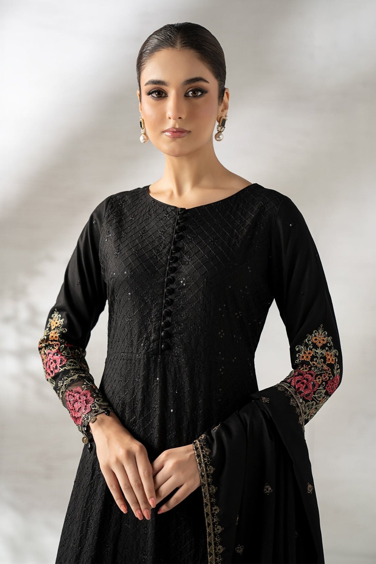 Maria B | RTW | 3 Piece Embroidered Linen Suit-Brand:Maria B-Type:Luxury Pret-Black - House of Maryam- Buy in UK, USA