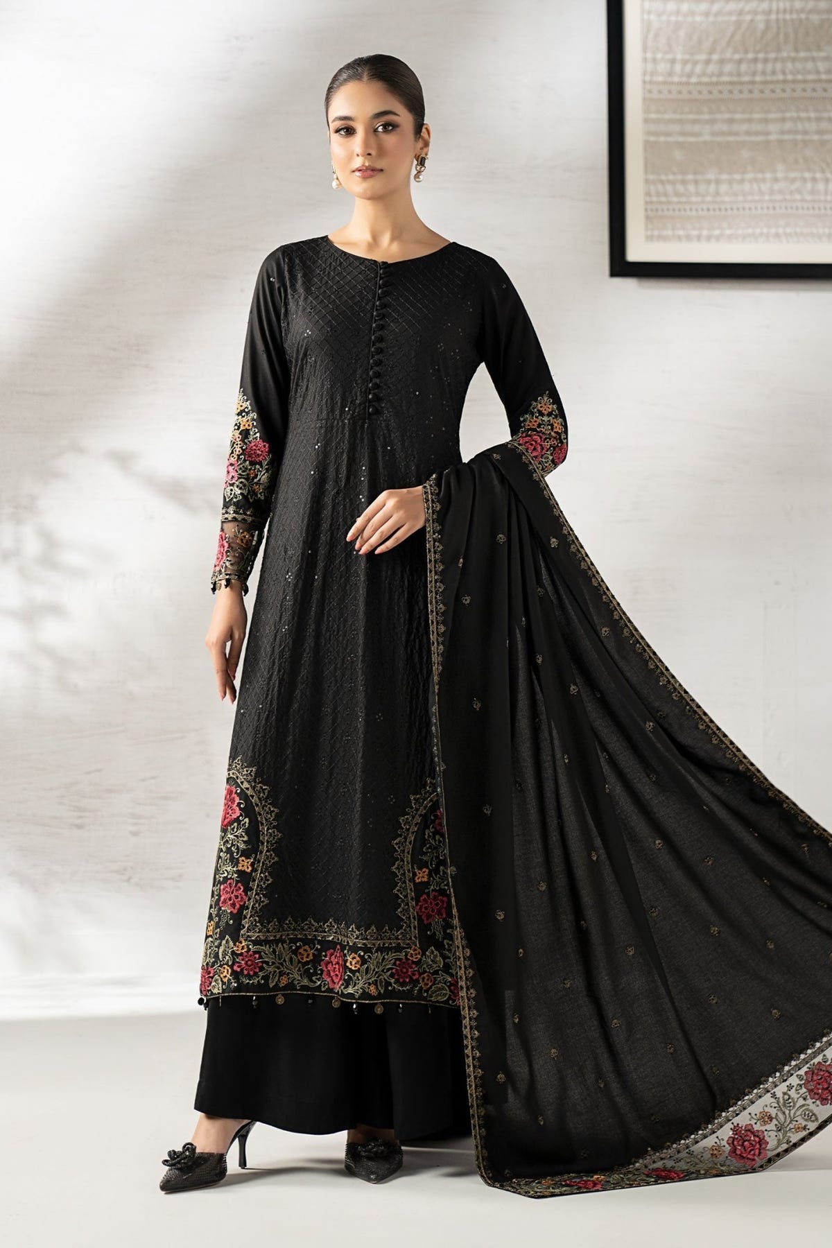 Maria B | RTW | 3 Piece Embroidered Linen Suit-Brand:Maria B-Type:Luxury Pret-Black - House of Maryam- Buy in UK, USA