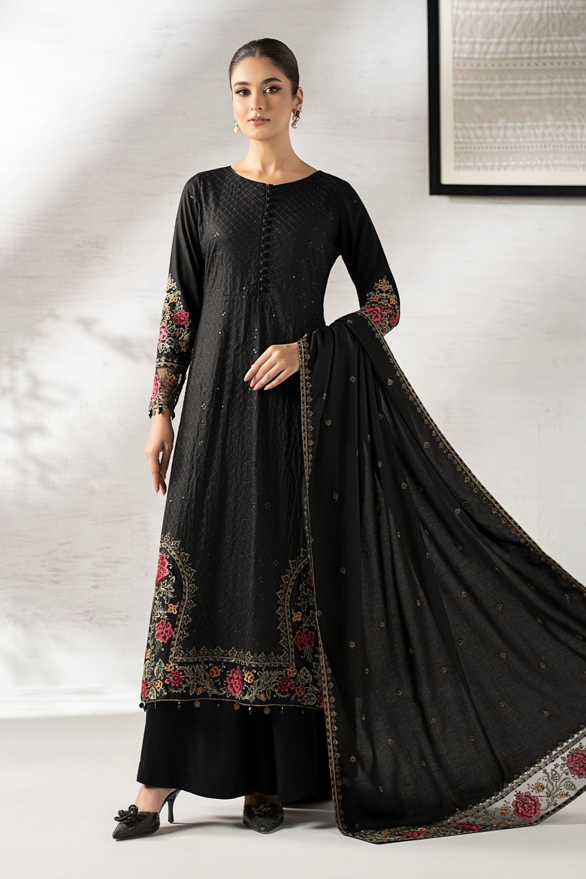 Maria B | RTW | 3 Piece Embroidered Linen Suit-Brand:Maria B-Type:Luxury Pret-Black - House of Maryam- Buy in UK, USA
