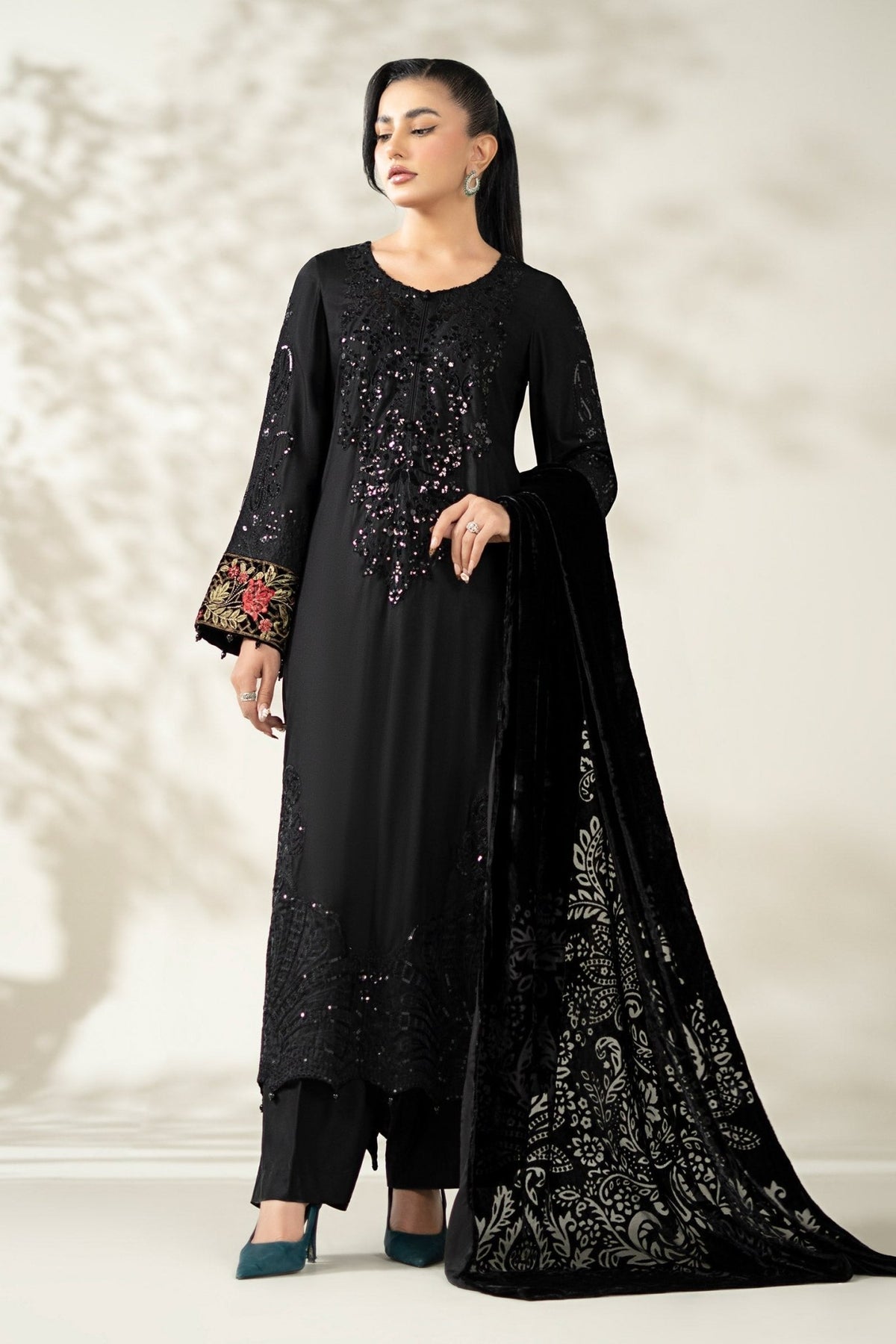 Maria B | RTW | 3 Piece Embroidered Linen Suit-Brand:Maria B-Type:Luxury Pret-Black - House of Maryam- Buy in UK, USA