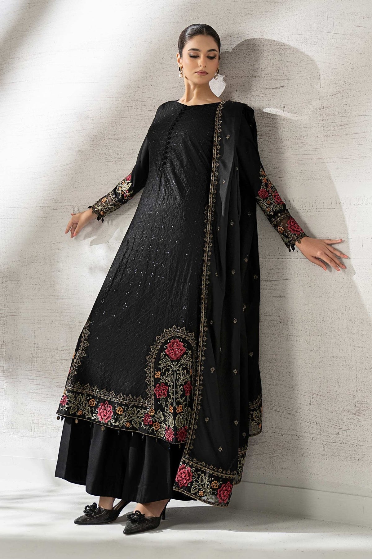 Maria B | RTW | 3 Piece Embroidered Linen Suit-Brand:Maria B-Type:Luxury Pret-Black - House of Maryam- Buy in UK, USA