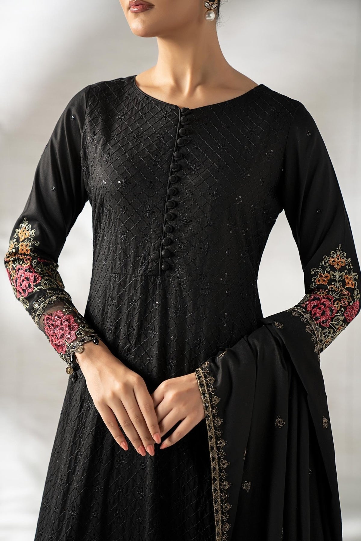 Maria B | RTW | 3 Piece Embroidered Linen Suit-Brand:Maria B-Type:Luxury Pret-Black - House of Maryam- Buy in UK, USA