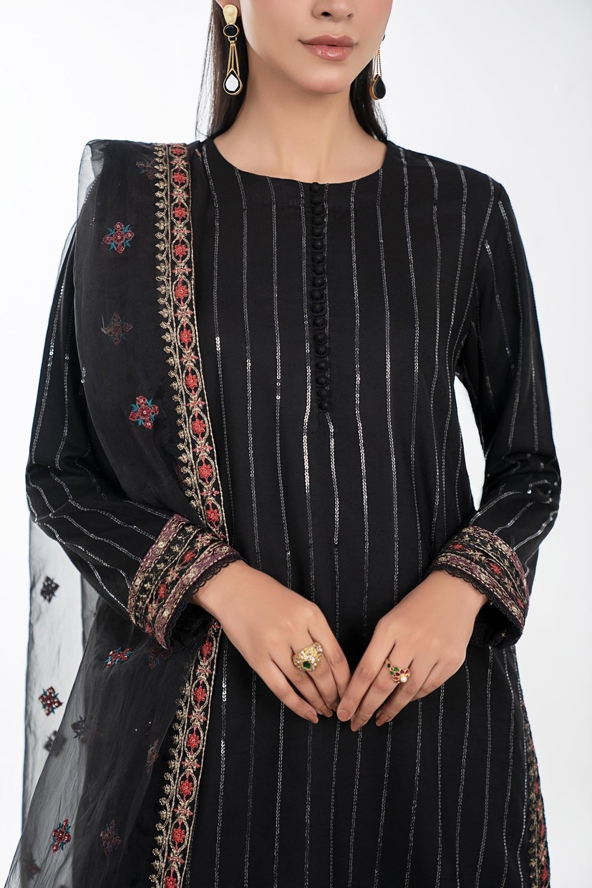 Maria B | RTW | 3 Piece Embroidered Linen Suit-Brand:Maria B-Type:Luxury Pret-Black - House of Maryam- Buy in UK, USA