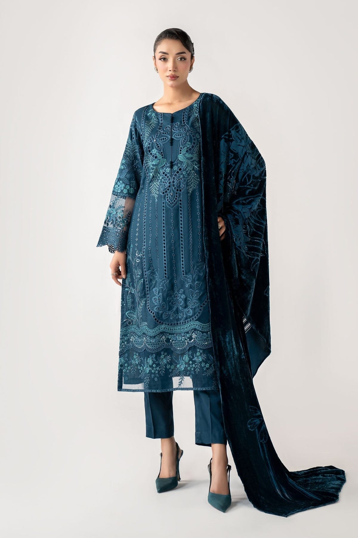 Maria B | RTW | 3 Piece Embroidered Linen Suit-Brand:Maria B-Type:Luxury Pret-Blue - House of Maryam- Buy in UK, USA