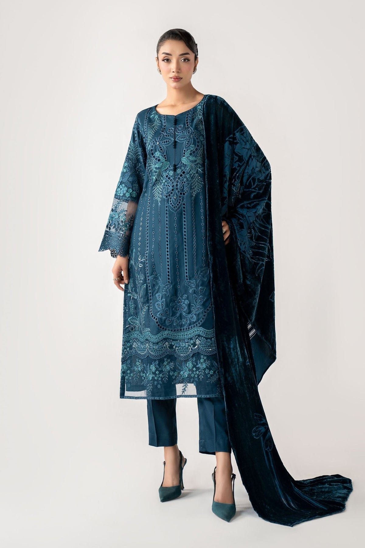 Maria B | RTW | 3 Piece Embroidered Linen Suit-Brand:Maria B-Type:Luxury Pret-Blue - House of Maryam- Buy in UK, USA