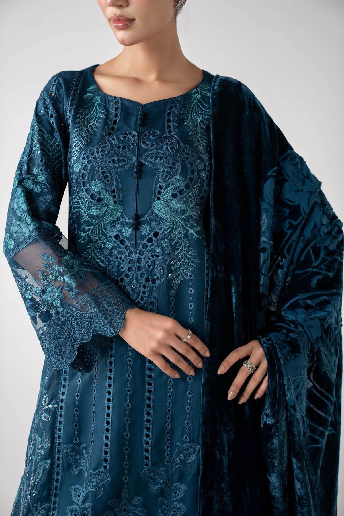Maria B | RTW | 3 Piece Embroidered Linen Suit-Brand:Maria B-Type:Luxury Pret-Blue - House of Maryam- Buy in UK, USA
