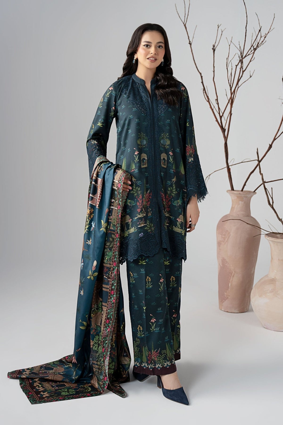 Maria B | RTW | 3 Piece Embroidered Linen Suit-Brand:Maria B-Type:Luxury Pret-Blue - House of Maryam- Buy in UK, USA