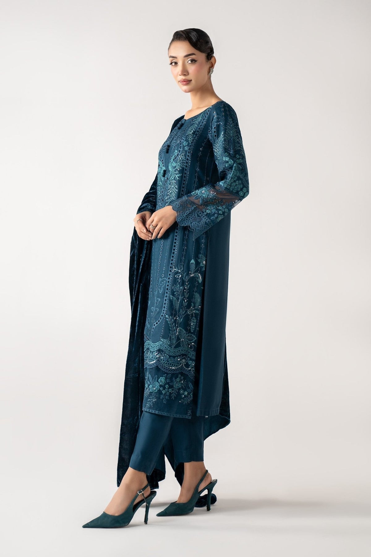 Maria B | RTW | 3 Piece Embroidered Linen Suit-Brand:Maria B-Type:Luxury Pret-Blue - House of Maryam- Buy in UK, USA