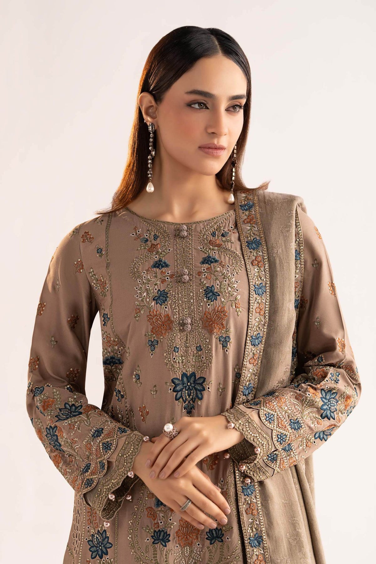 Maria B | RTW | 3 Piece Embroidered Linen Suit-Brand:Maria B-Type:Luxury Pret-Brown - House of Maryam- Buy in UK, USA
