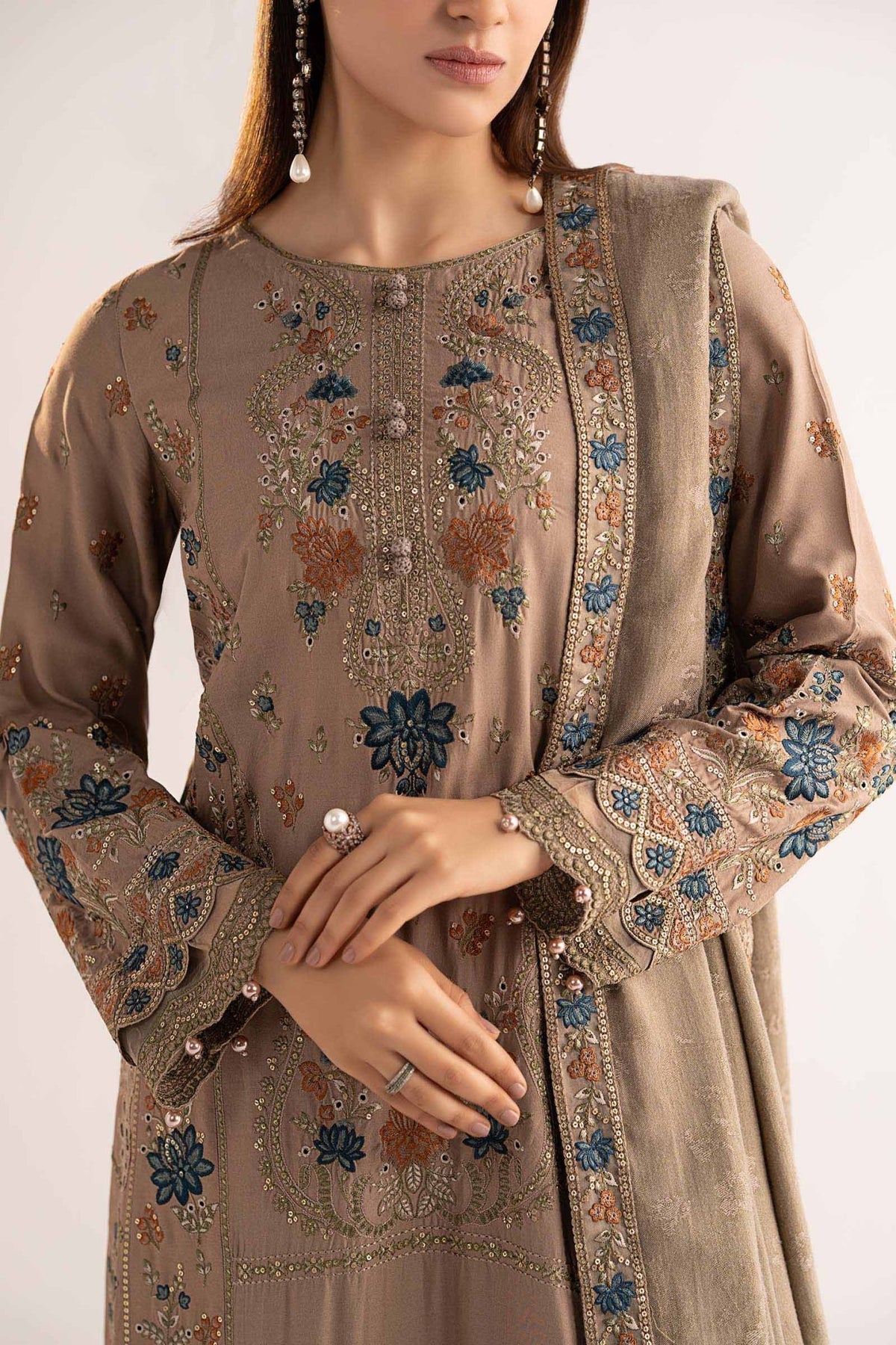 Maria B | RTW | 3 Piece Embroidered Linen Suit-Brand:Maria B-Type:Luxury Pret-Brown - House of Maryam- Buy in UK, USA