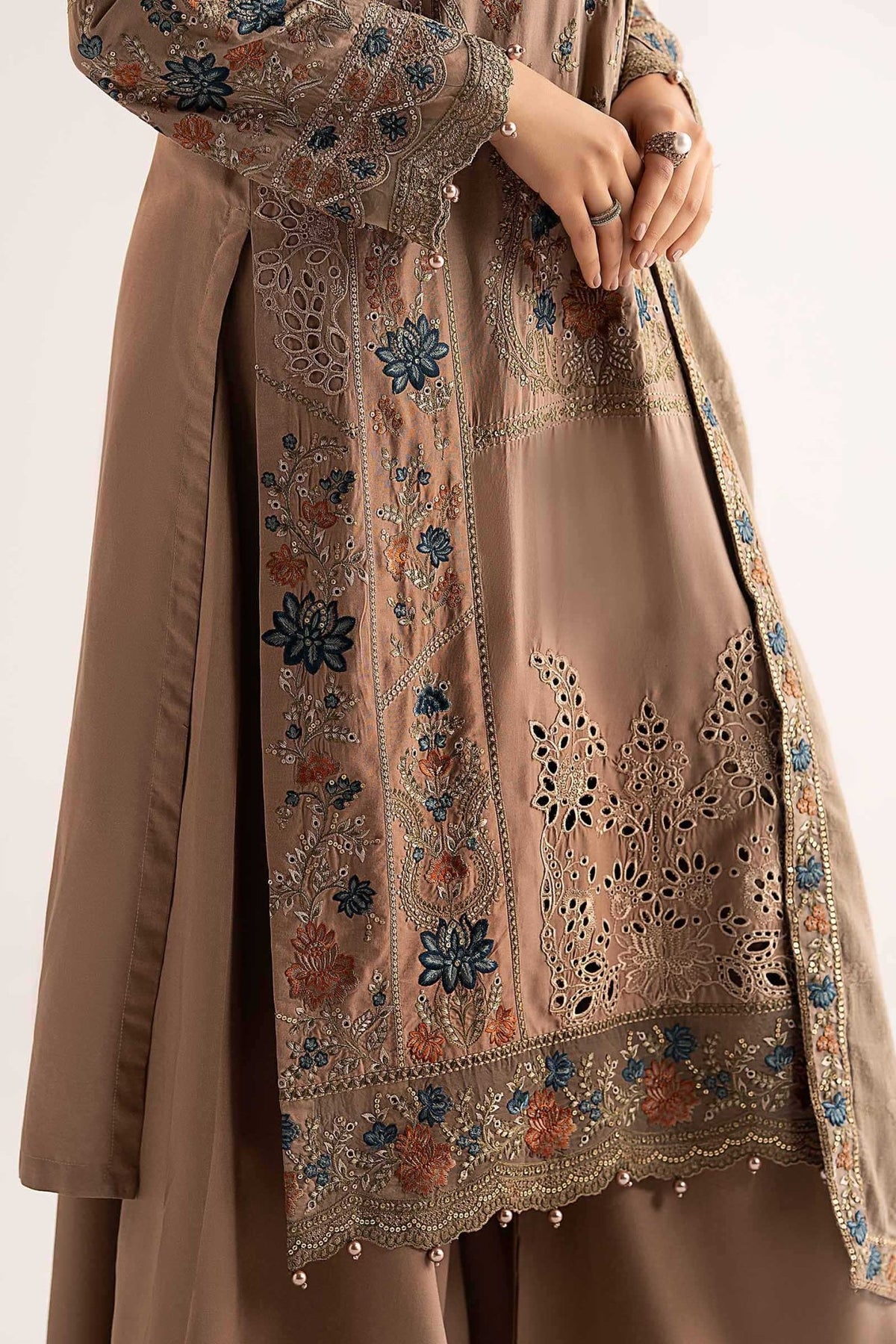 Maria B | RTW | 3 Piece Embroidered Linen Suit-Brand:Maria B-Type:Luxury Pret-Brown - House of Maryam- Buy in UK, USA