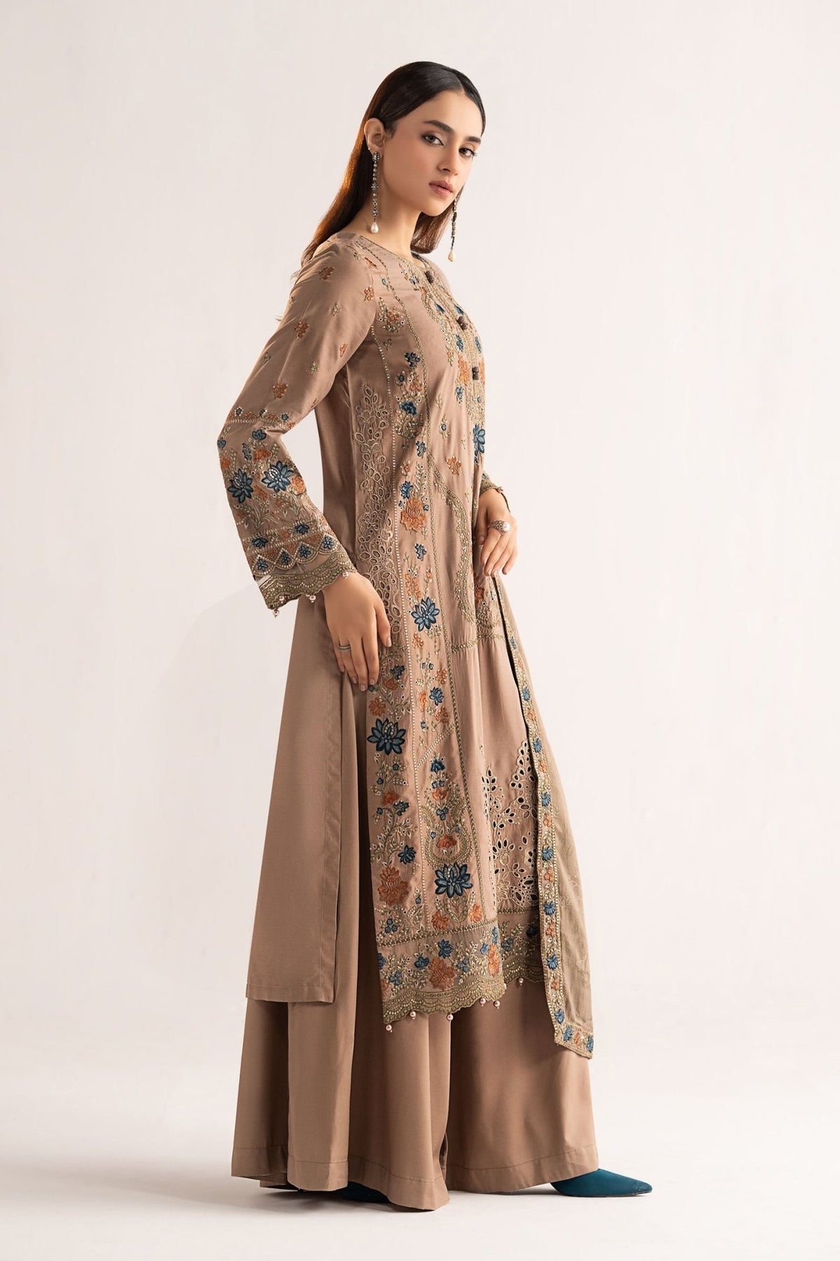 Maria B | RTW | 3 Piece Embroidered Linen Suit-Brand:Maria B-Type:Luxury Pret-Brown - House of Maryam- Buy in UK, USA
