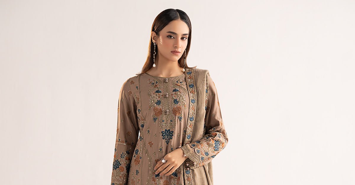 Maria B | RTW | 3 Piece Embroidered Linen Suit-Brand:Maria B-Type:Luxury Pret-Brown - House of Maryam- Buy in UK, USA