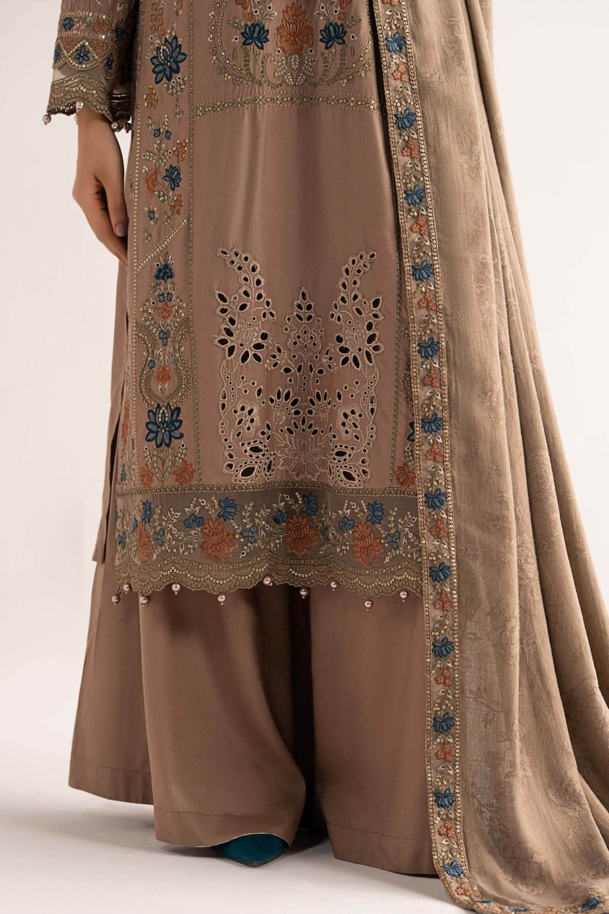 Maria B | RTW | 3 Piece Embroidered Linen Suit-Brand:Maria B-Type:Luxury Pret-Brown - House of Maryam- Buy in UK, USA