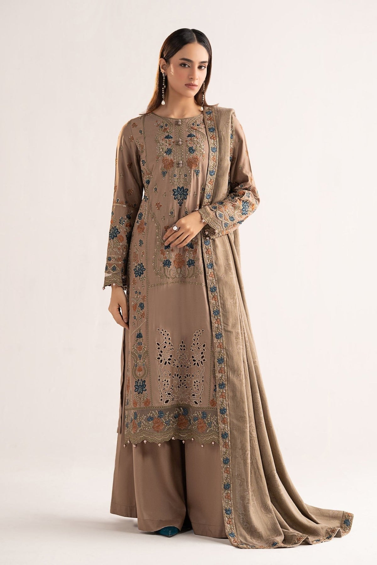 Maria B | RTW | 3 Piece Embroidered Linen Suit-Brand:Maria B-Type:Luxury Pret-Brown - House of Maryam- Buy in UK, USA
