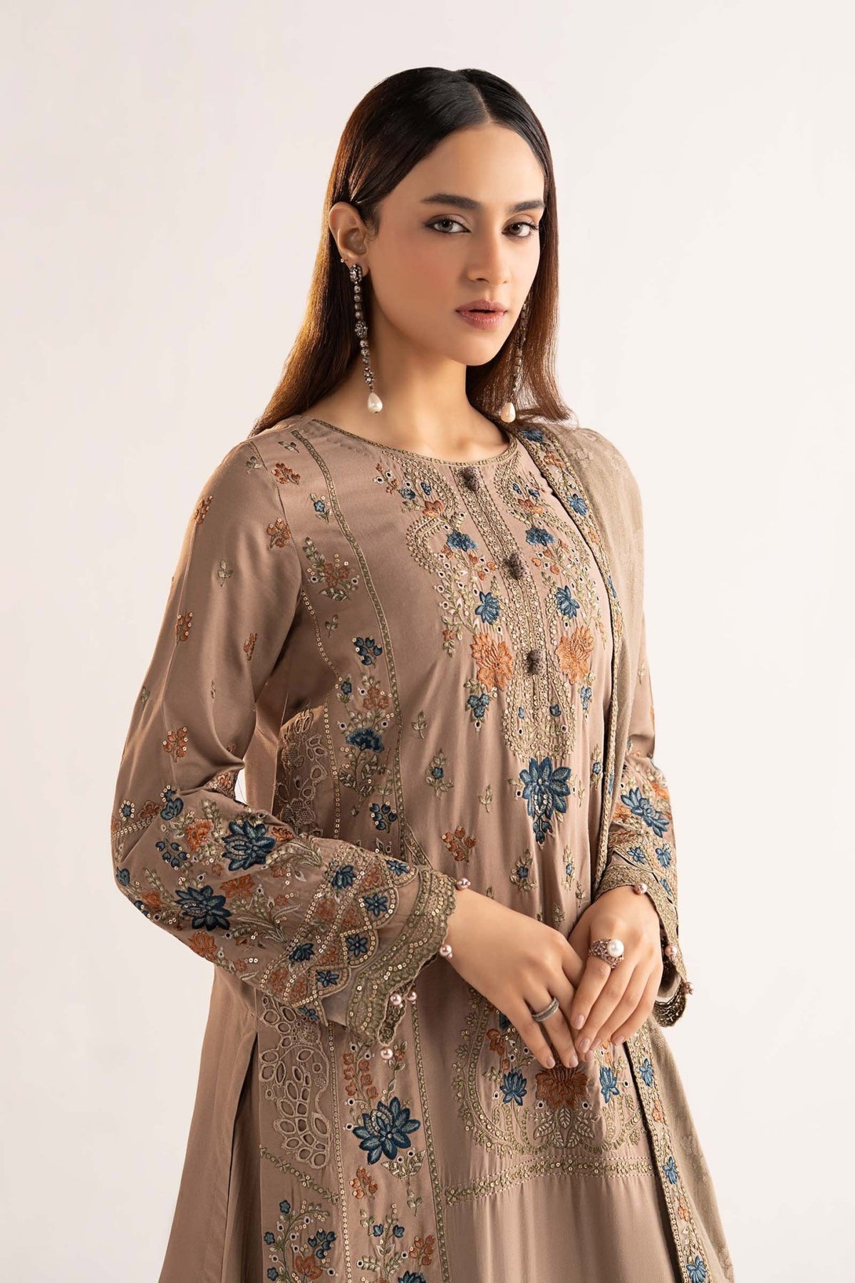 Maria B | RTW | 3 Piece Embroidered Linen Suit-Brand:Maria B-Type:Luxury Pret-Brown - House of Maryam- Buy in UK, USA