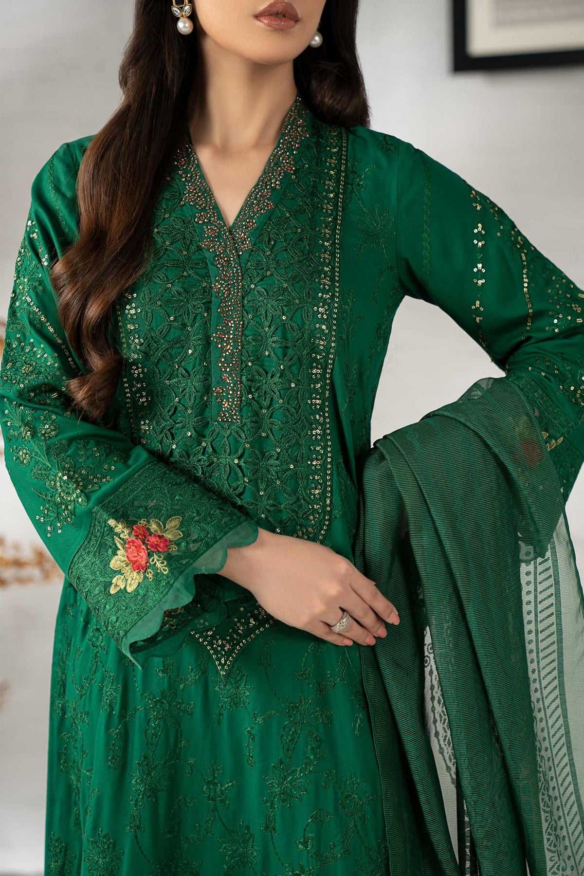 Maria B | RTW | 3 Piece Embroidered Linen Suit-Brand:Maria B-Type:Luxury Pret-Green - House of Maryam- Buy in UK, USA