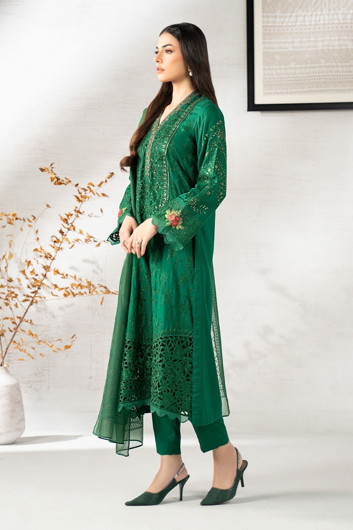 Maria B | RTW | 3 Piece Embroidered Linen Suit-Brand:Maria B-Type:Luxury Pret-Green - House of Maryam- Buy in UK, USA
