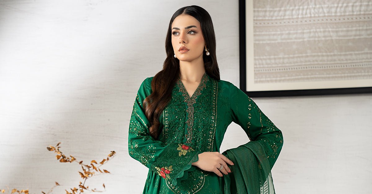 Maria B | RTW | 3 Piece Embroidered Linen Suit-Brand:Maria B-Type:Luxury Pret-Green - House of Maryam- Buy in UK, USA