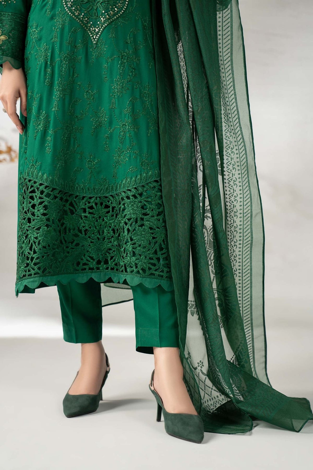 Maria B | RTW | 3 Piece Embroidered Linen Suit-Brand:Maria B-Type:Luxury Pret-Green - House of Maryam- Buy in UK, USA
