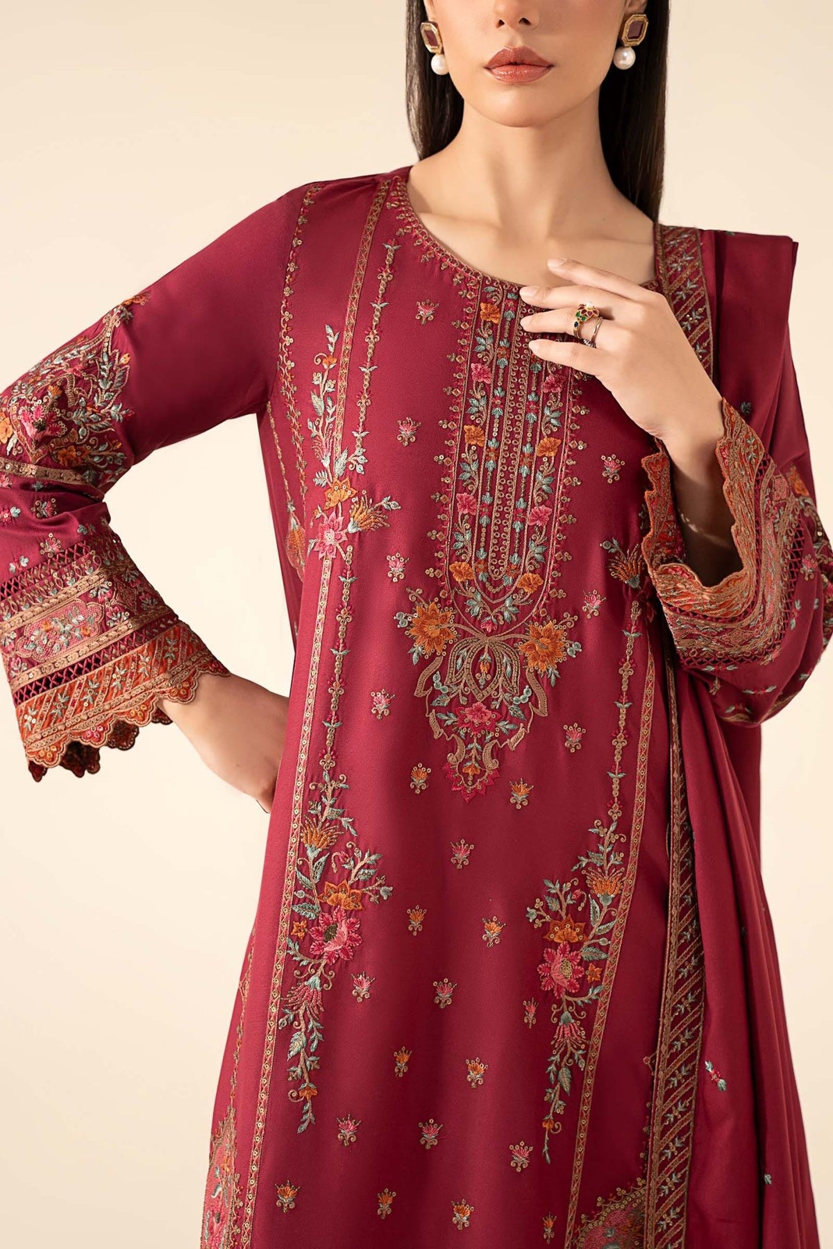 Maria B | RTW | 3 Piece Embroidered Linen Suit-Brand:Maria B-Type:Luxury Pret-Pink - House of Maryam- Buy in UK, USA