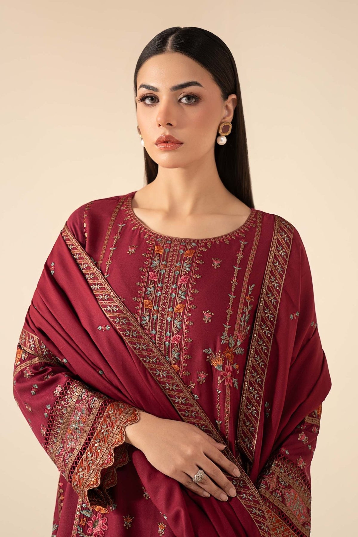 Maria B | RTW | 3 Piece Embroidered Linen Suit-Brand:Maria B-Type:Luxury Pret-Pink - House of Maryam- Buy in UK, USA