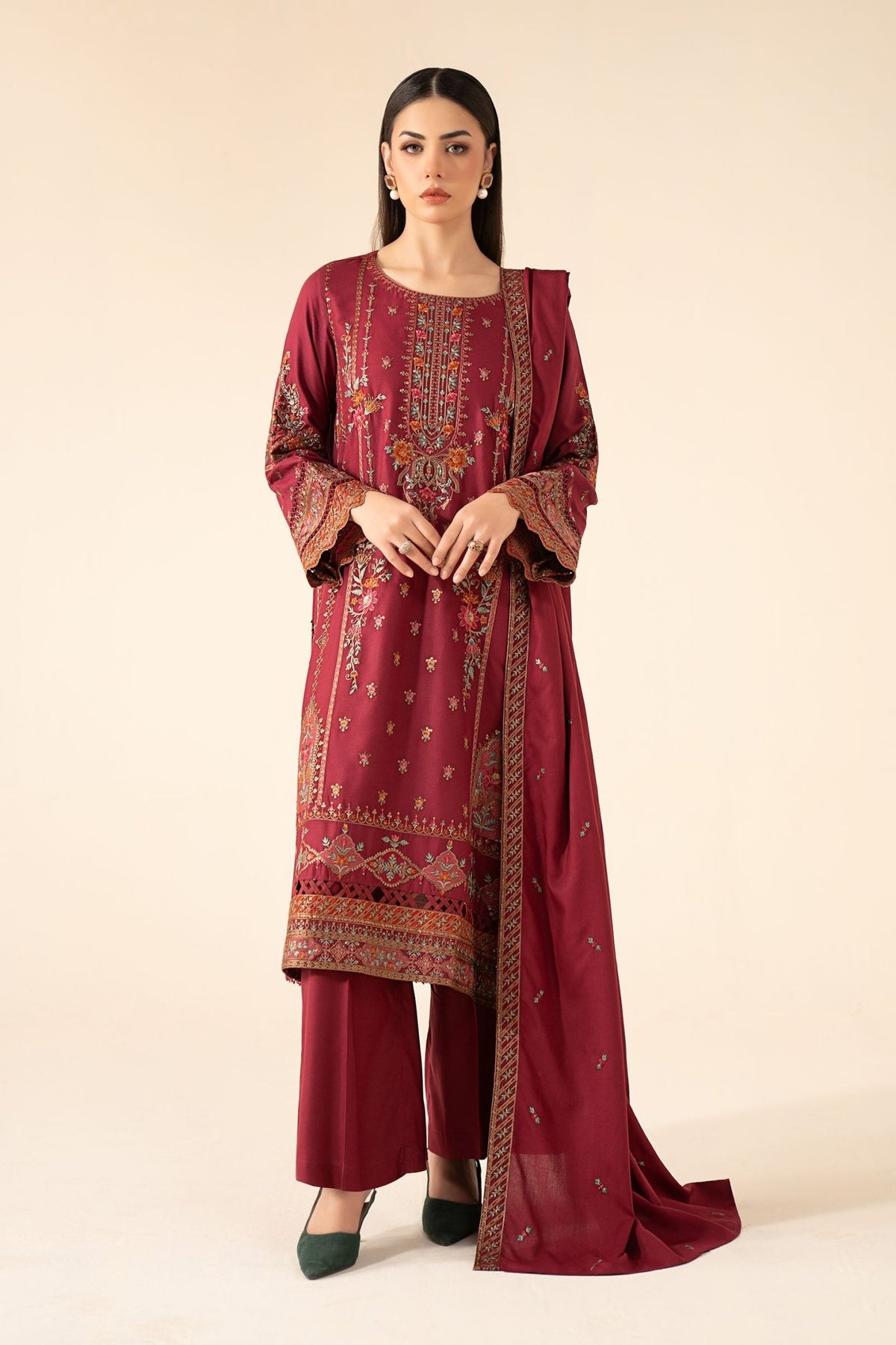 Maria B | RTW | 3 Piece Embroidered Linen Suit-Brand:Maria B-Type:Luxury Pret-Pink - House of Maryam- Buy in UK, USA