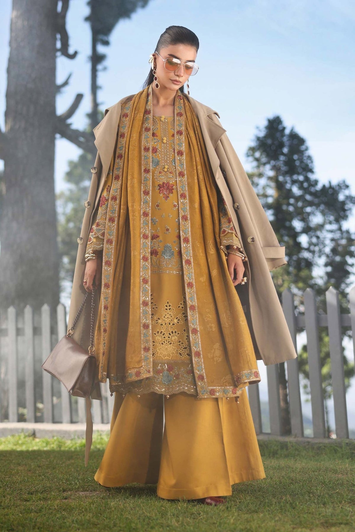 Maria B | RTW | 3 Piece Embroidered Linen Suit-Brand:Maria B-Type:Luxury Pret-Yellow - House of Maryam- Buy in UK, USA