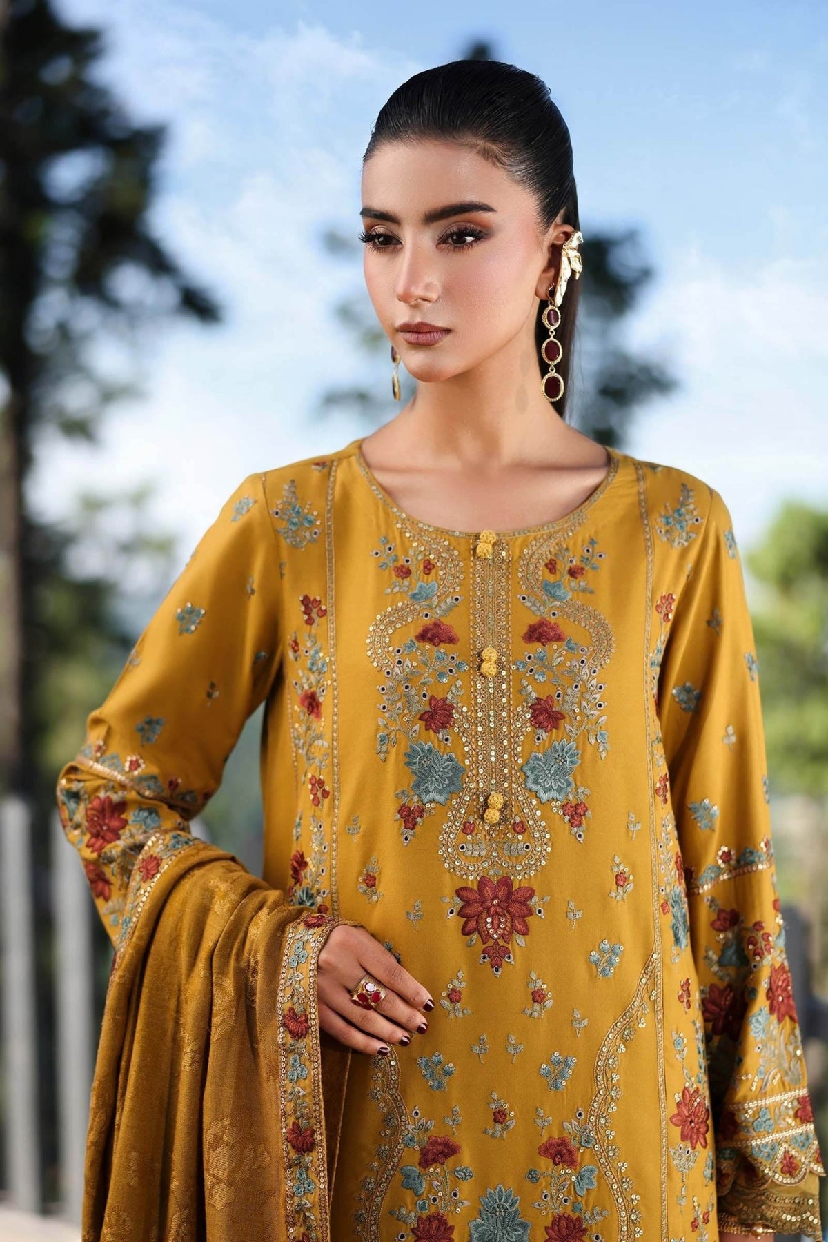 Maria B | RTW | 3 Piece Embroidered Linen Suit-Brand:Maria B-Type:Luxury Pret-Yellow - House of Maryam- Buy in UK, USA