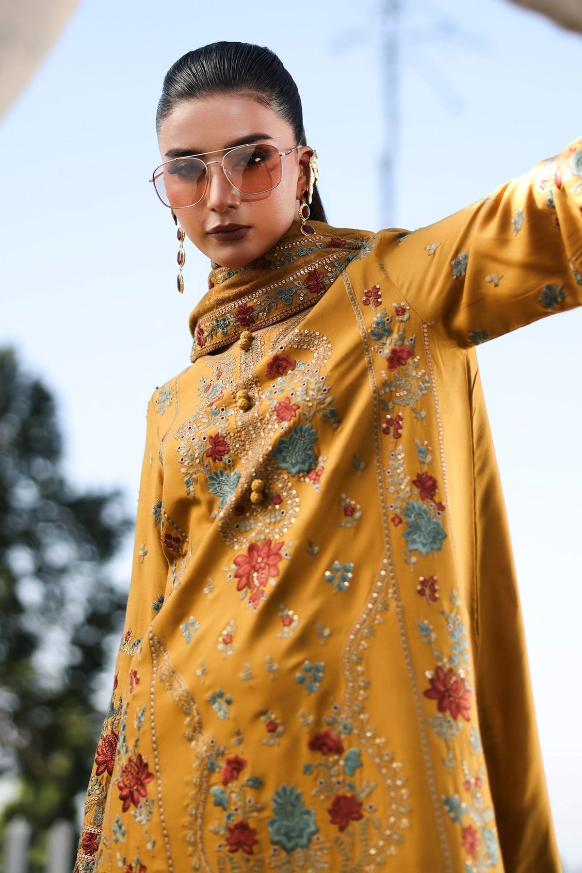 Maria B | RTW | 3 Piece Embroidered Linen Suit-Brand:Maria B-Type:Luxury Pret-Yellow - House of Maryam- Buy in UK, USA