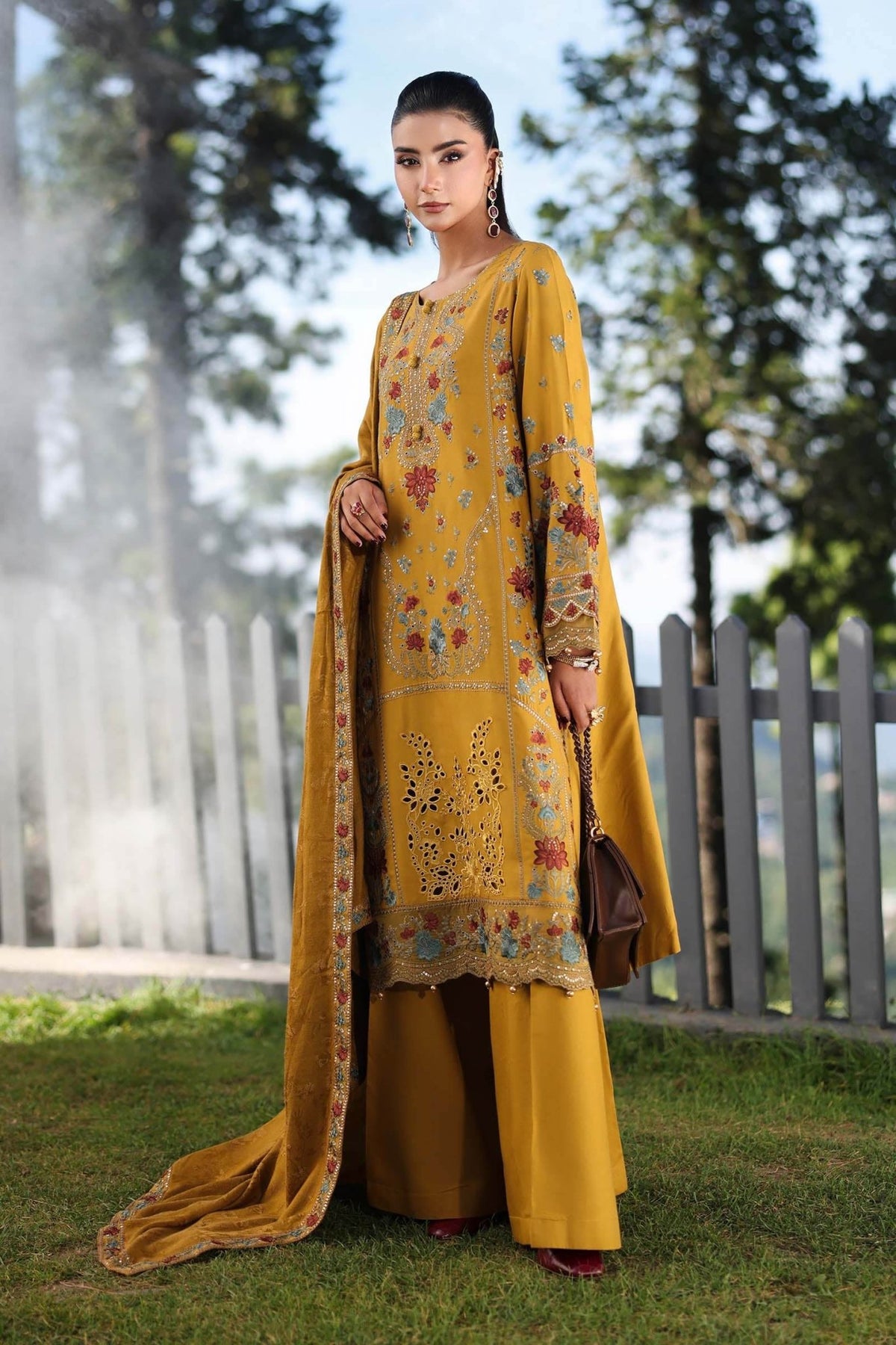 Maria B | RTW | 3 Piece Embroidered Linen Suit-Brand:Maria B-Type:Luxury Pret-Yellow - House of Maryam- Buy in UK, USA