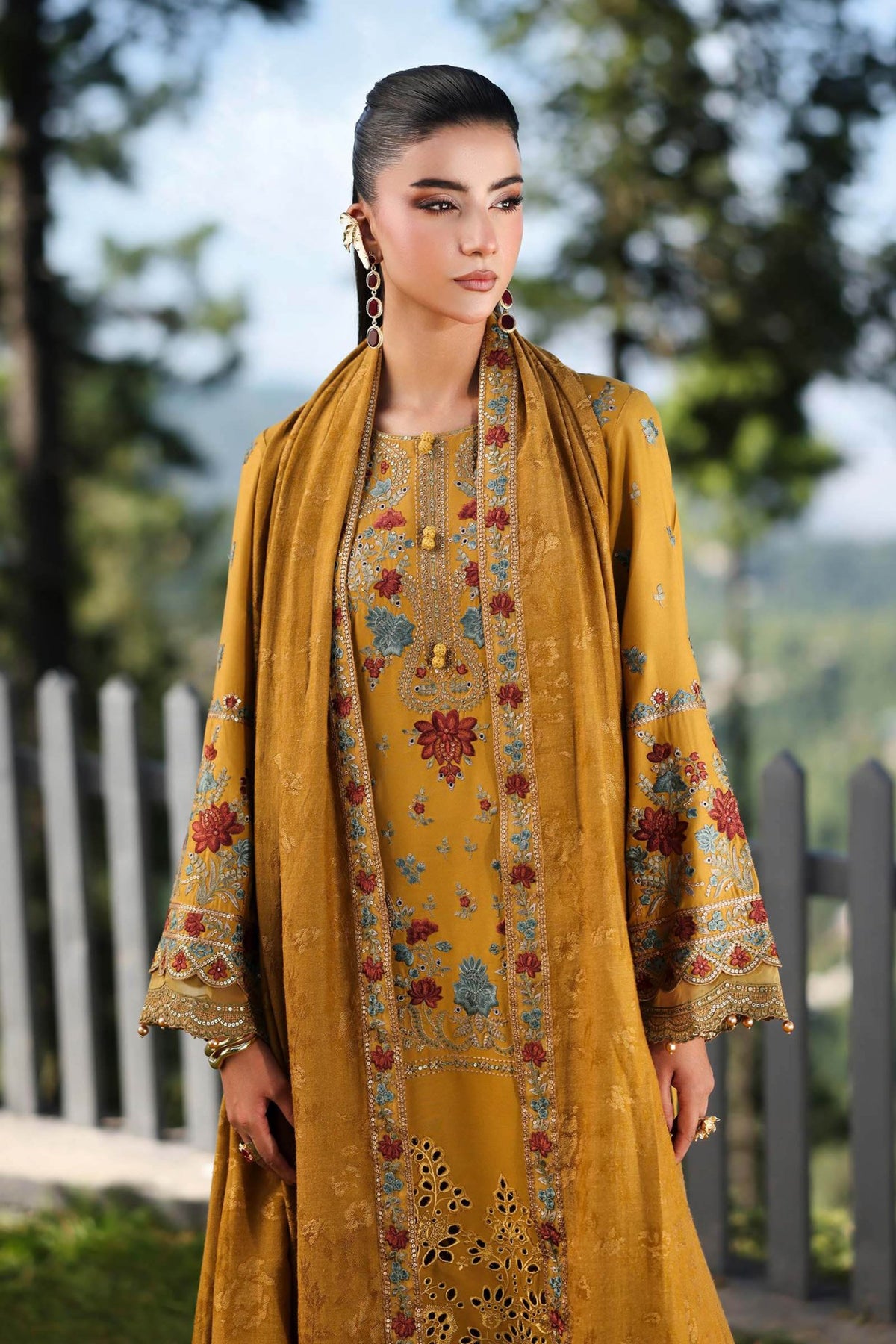 Maria B | RTW | 3 Piece Embroidered Linen Suit-Brand:Maria B-Type:Luxury Pret-Yellow - House of Maryam- Buy in UK, USA