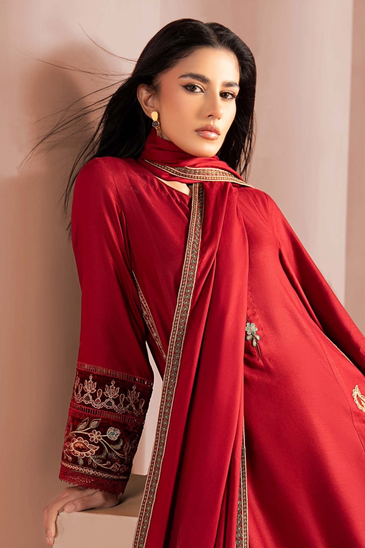 Maria B | RTW | 3 Piece Embroidered Marina Suit-Brand:Maria B-Type:Luxury Pret-Red - House of Maryam- Buy in UK, USA