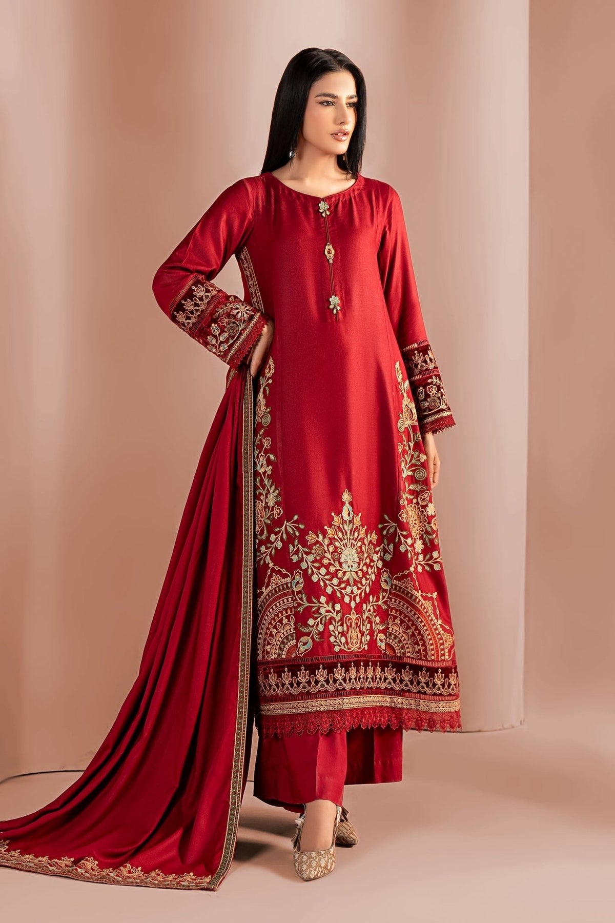 Maria B | RTW | 3 Piece Embroidered Marina Suit-Brand:Maria B-Type:Luxury Pret-Red - House of Maryam- Buy in UK, USA