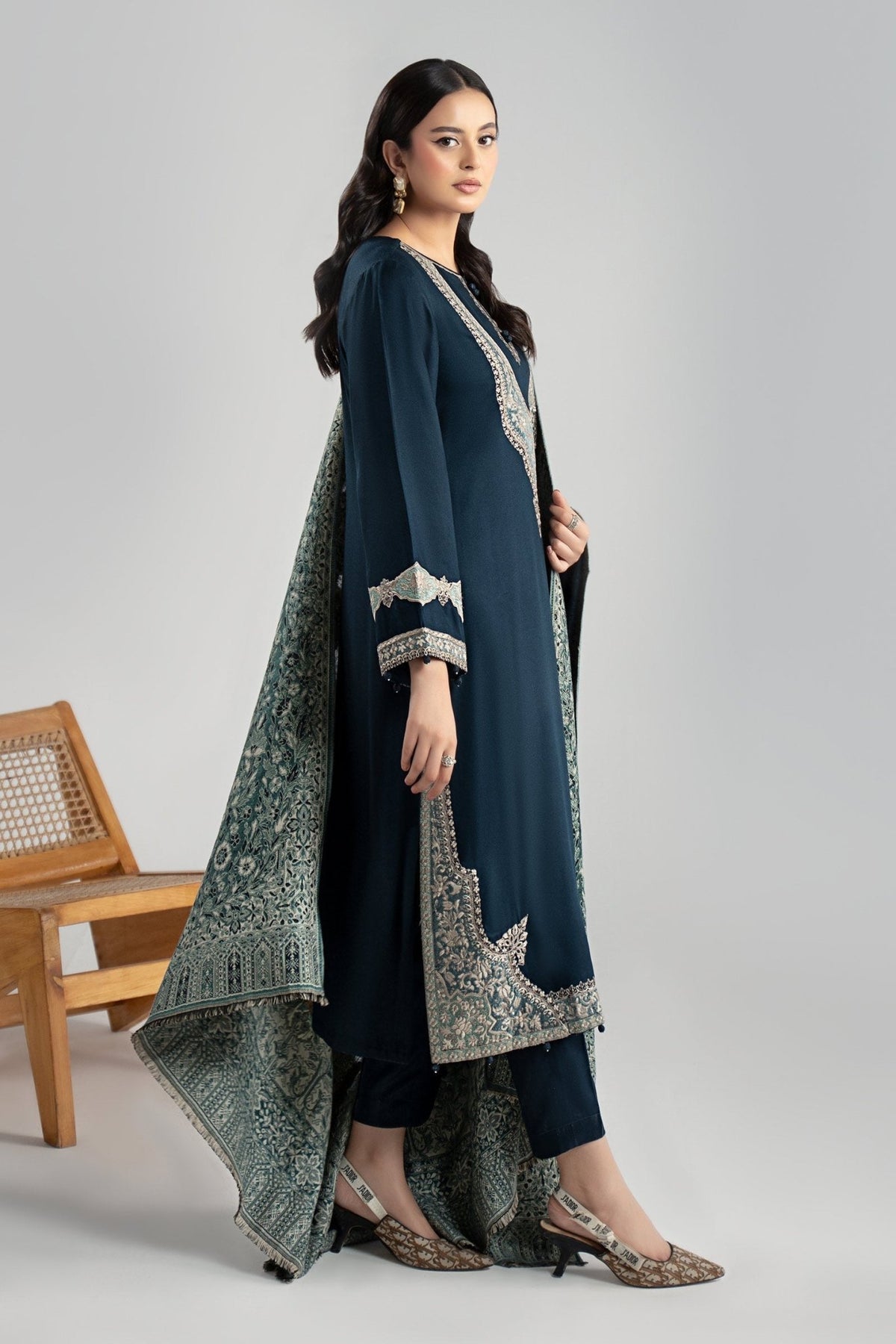 Maria B | RTW | 3 Piece Embroidered Marina Twill Suit-Brand:Maria B-Type:Luxury Pret-Blue - House of Maryam- Buy in UK, USA