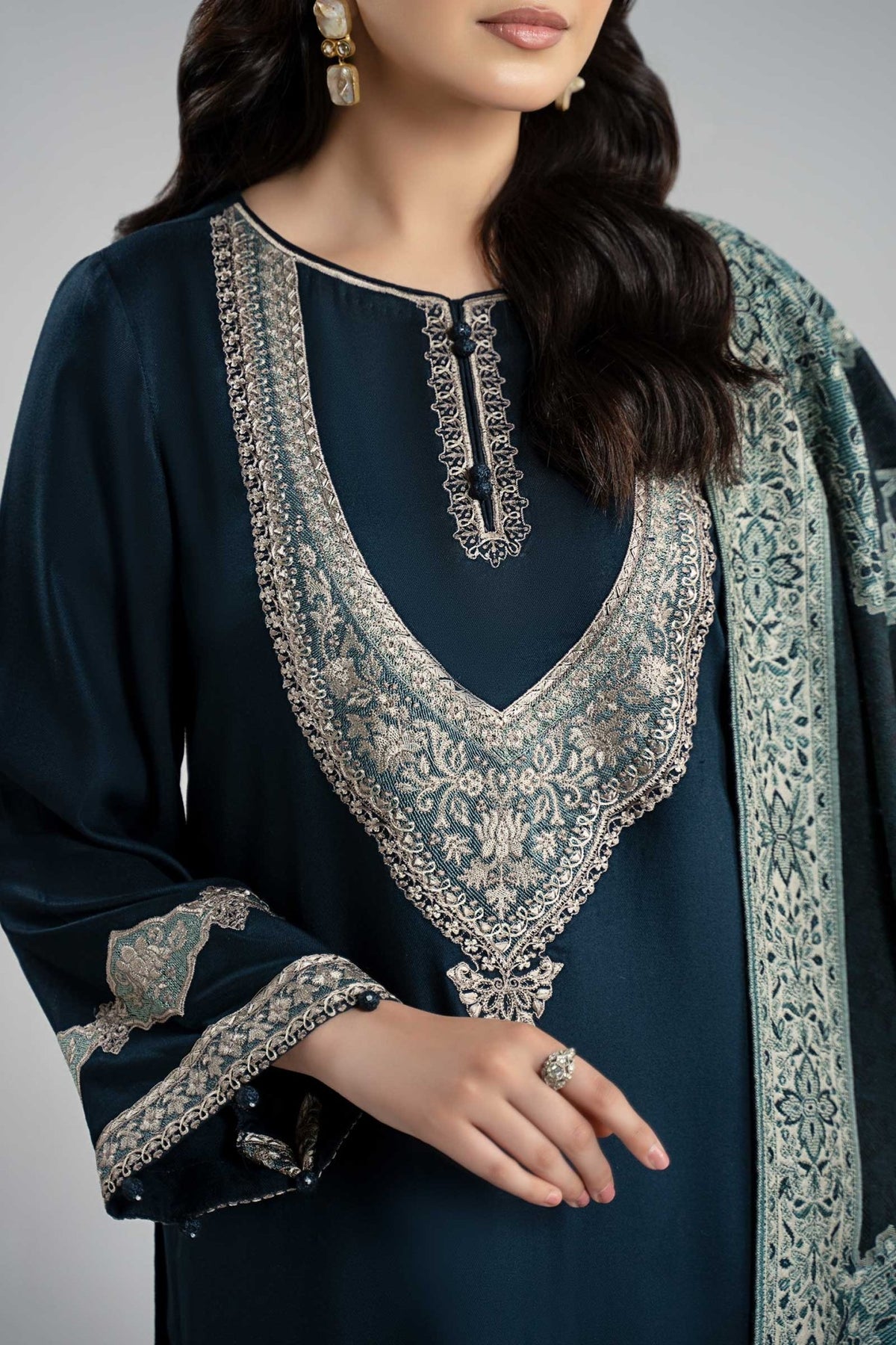 Maria B | RTW | 3 Piece Embroidered Marina Twill Suit-Brand:Maria B-Type:Luxury Pret-Blue - House of Maryam- Buy in UK, USA