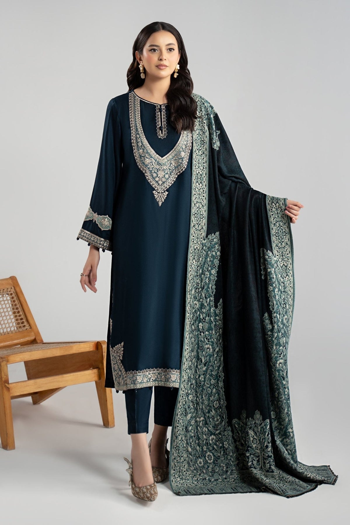 Maria B | RTW | 3 Piece Embroidered Marina Twill Suit-Brand:Maria B-Type:Luxury Pret-Blue - House of Maryam- Buy in UK, USA