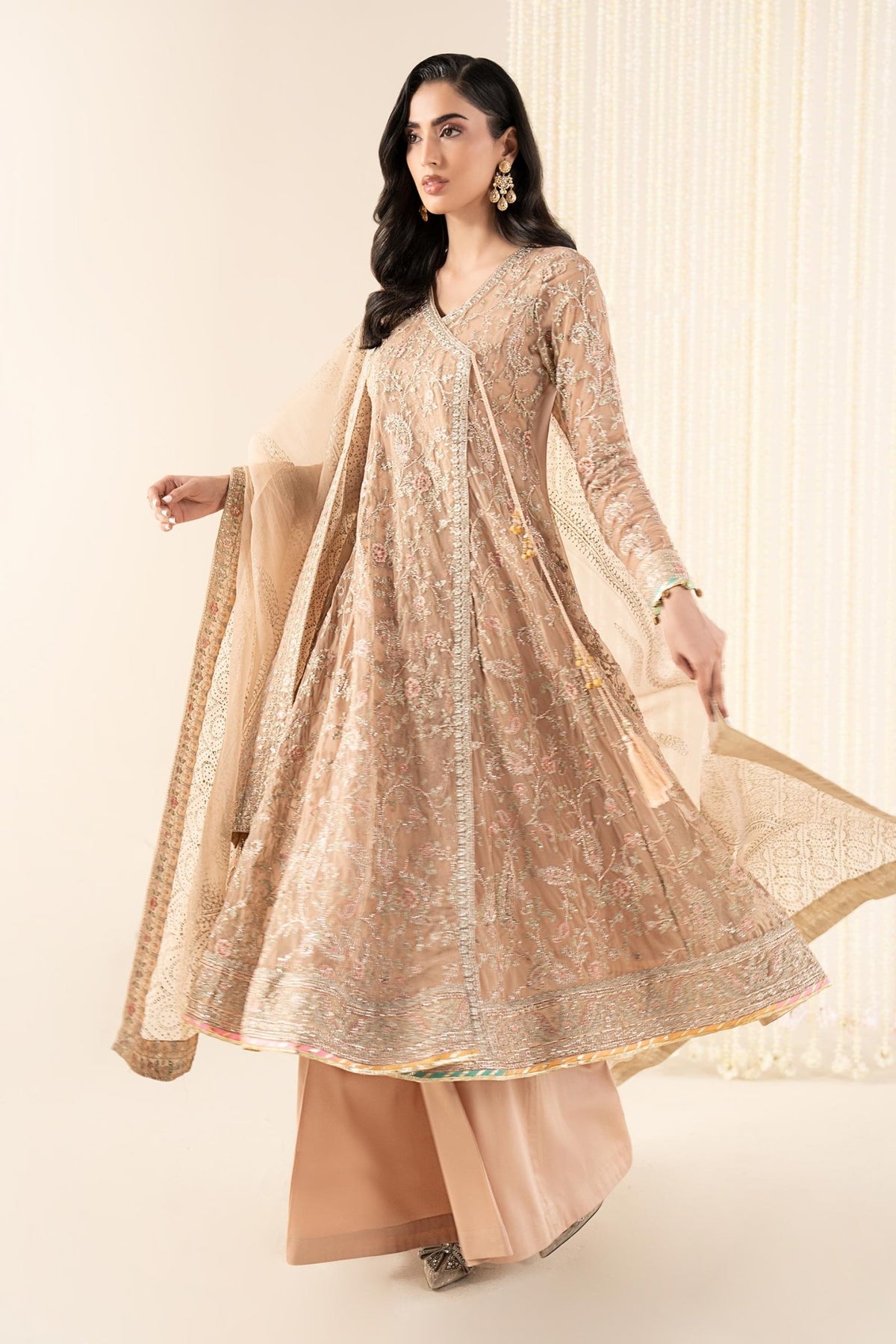 Maria B | RTW | 3 Piece Embroidered Net Suit-Brand:Maria B-Type:Luxury Formals-Beige - House of Maryam- Buy in UK, USA