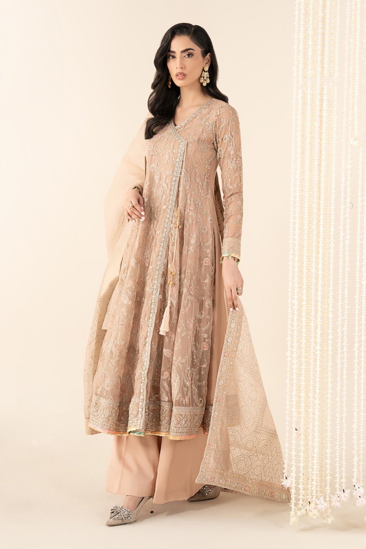 Maria B | RTW | 3 Piece Embroidered Net Suit-Brand:Maria B-Type:Luxury Formals-Beige - House of Maryam- Buy in UK, USA