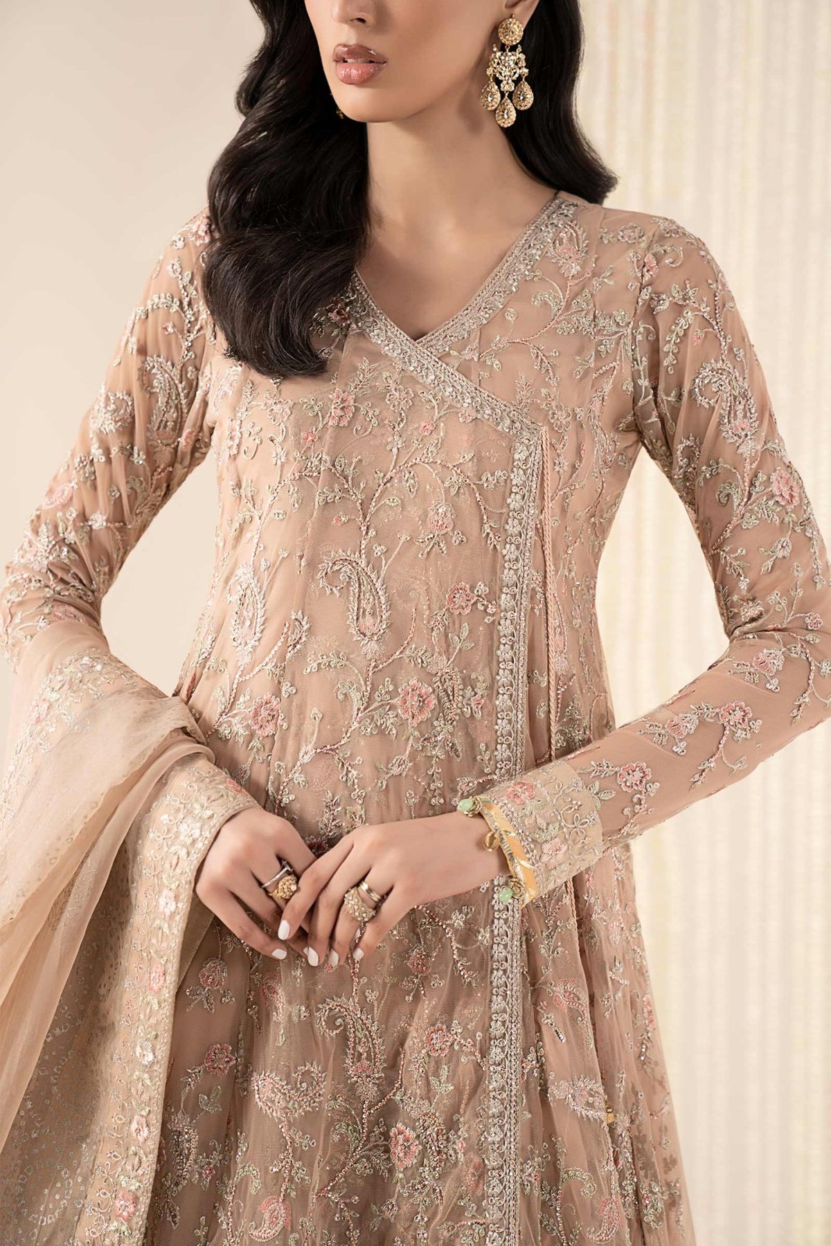 Maria B | RTW | 3 Piece Embroidered Net Suit-Brand:Maria B-Type:Luxury Formals-Beige - House of Maryam- Buy in UK, USA