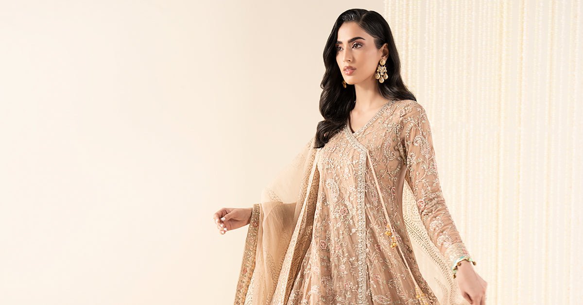 Maria B | RTW | 3 Piece Embroidered Net Suit-Brand:Maria B-Type:Luxury Formals-Beige - House of Maryam- Buy in UK, USA