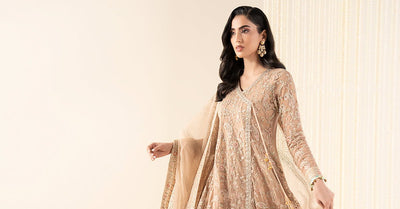 Maria B | RTW | 3 Piece Embroidered Net Suit-Brand:Maria B-Type:Luxury Formals-Beige - House of Maryam- Buy in UK, USA