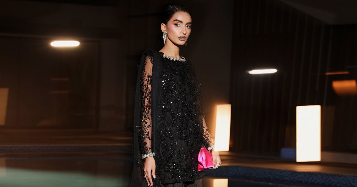 Maria B | RTW | 3 Piece Embroidered Net Suit-Brand:Maria B-Type:Luxury Formals-Black - House of Maryam- Buy in UK, USA