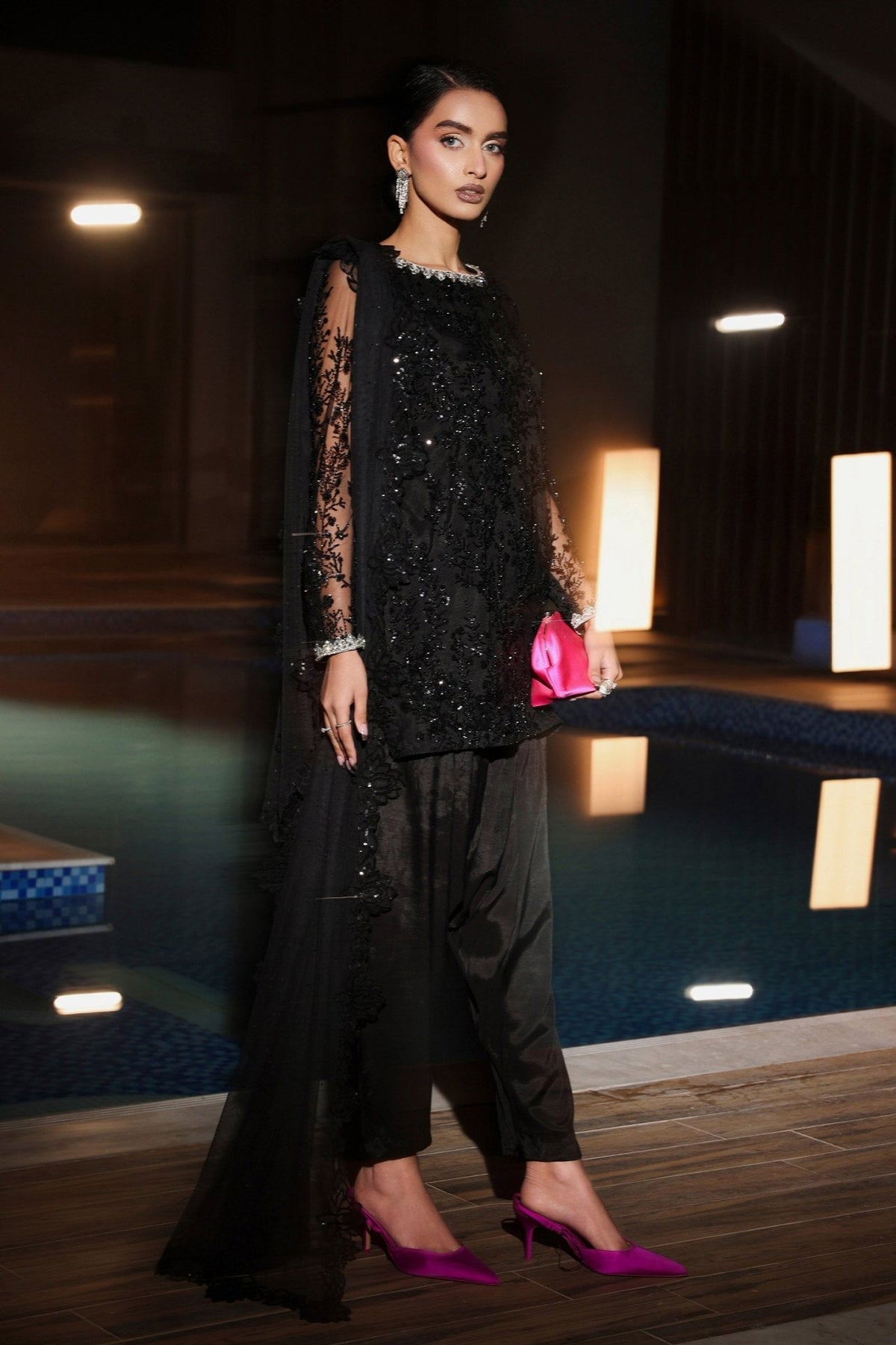 Maria B | RTW | 3 Piece Embroidered Net Suit-Brand:Maria B-Type:Luxury Formals-Black - House of Maryam- Buy in UK, USA