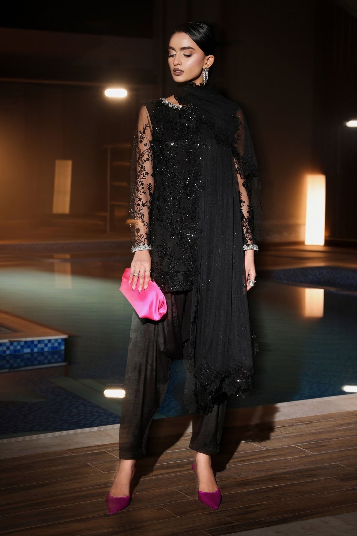 Maria B | RTW | 3 Piece Embroidered Net Suit-Brand:Maria B-Type:Luxury Formals-Black - House of Maryam- Buy in UK, USA