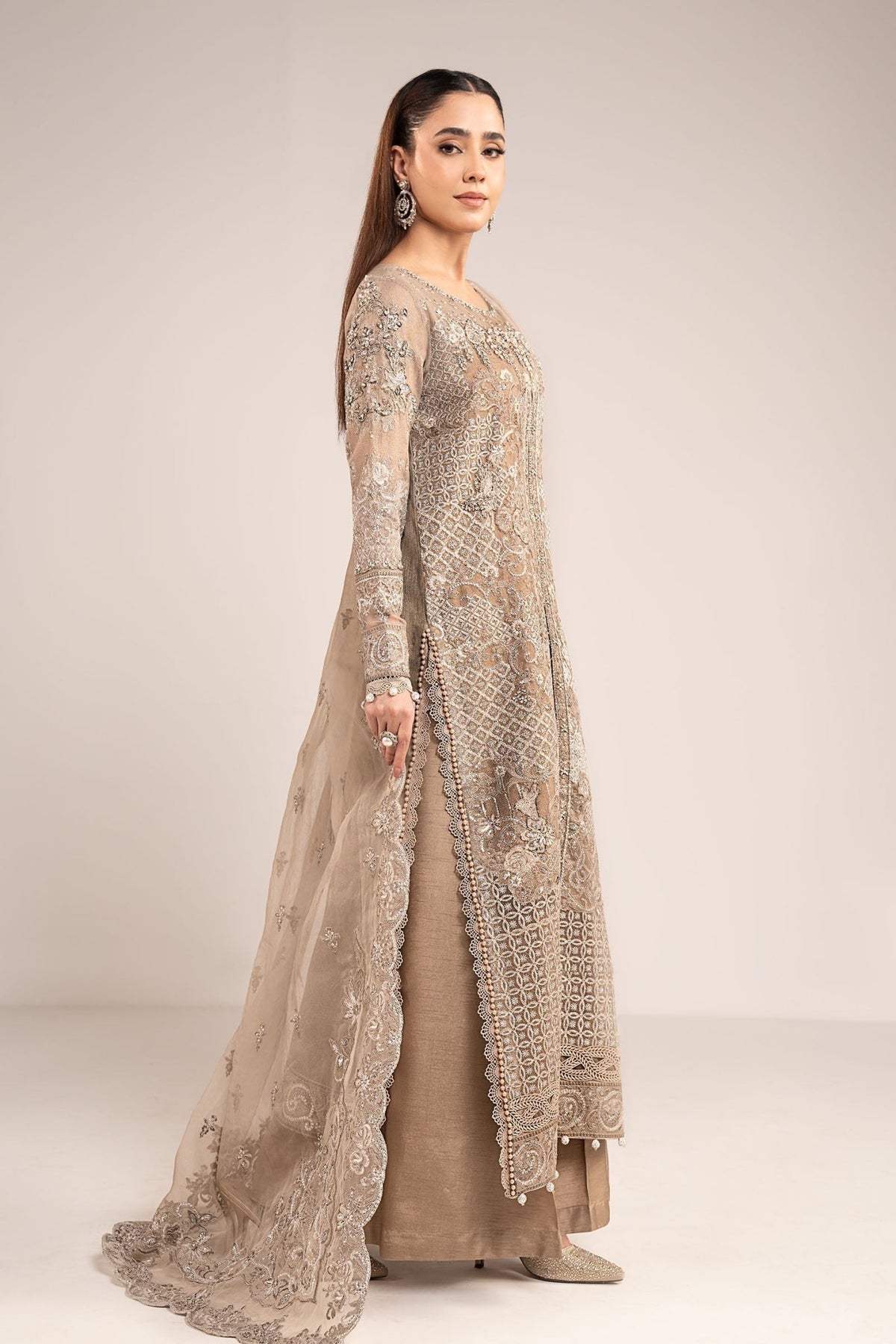 Maria B | RTW | 3 Piece Embroidered Net Suit-Brand:Maria B-Type:Luxury Formals-Brown - House of Maryam- Buy in UK, USA